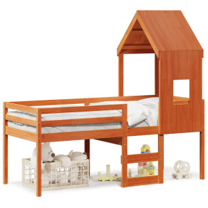 Cama alta com telhado 80x200 cm pinho maciço castanho-mel H