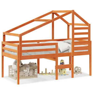 Cama alta con techo madera maciza de pino marrón cera 90x190 cm H