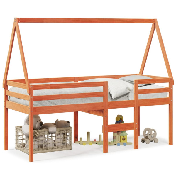 Cama alta con techo madera maciza de pino marrón cera 80x200 cm D