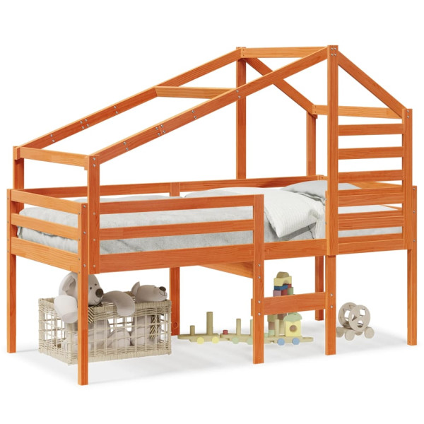 Cama alta con techo madera maciza de pino marrón cera 75x190 cm M 3