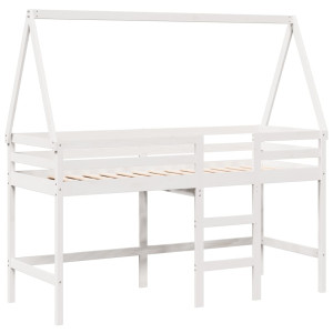 Cama alta escalera y techo madera maciza pino blanca 90x190 cm H