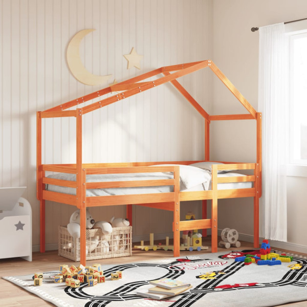 Cama alta con techo madera maciza de pino marrón cera 90x200 cm D