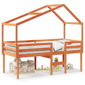 Cama alta con techo madera maciza de pino marrón cera 90x200 cm H