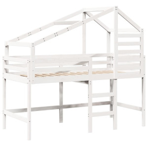 Cama alta c/ escada e telhado 90x190 cm pinho maciço branco H
