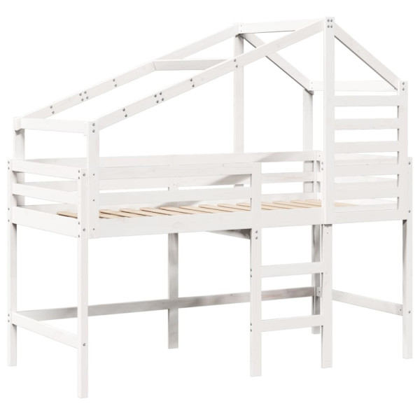 Cama alta escalera y techo madera maciza pino blanca 90x190 cm M 2