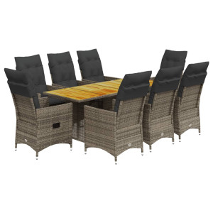 9 pcs conjunto de jantar p/ jardim c/ almofadões vime PE cinza H