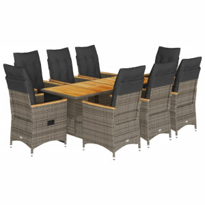 9 pcs conjunto de jantar p/ jardim c/ almofadões vime PE cinza H