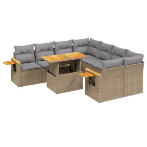 Set de sofás de jardín 9 pzas con cojines ratán sintético beige H