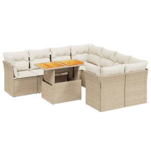 Set de sofás de jardín 9 pzas con cojines ratán sintético beige H