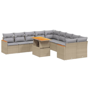 Set de sofás de jardín 11pzas con cojines ratán sintético beige H