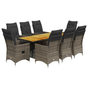 9 pcs conjunto de jantar p/ jardim c/ almofadões vime PE cinza H