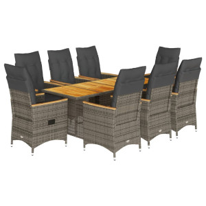 9 pcs conjunto de jantar p/ jardim c/ almofadões vime PE cinza H