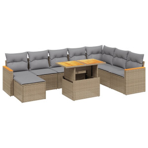Set de sofás de jardín 9 pzas con cojines ratán sintético beige H
