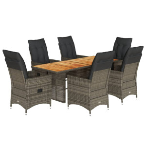 7 pcs conjunto de jantar p/ jardim c/ almofadões vime PE cinza H