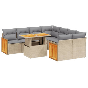 Set de sofás de jardín 9 pzas con cojines ratán sintético beige H