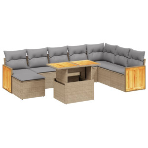 Set de sofás de jardín 9 pzas con cojines ratán sintético beige H