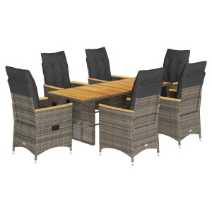 7 pcs conjunto de jantar p/ jardim c/ almofadões vime PE cinza H