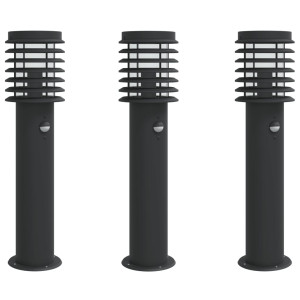 Lámparas de suelo exterior con sensor 3 uds acero negro 60 cm H