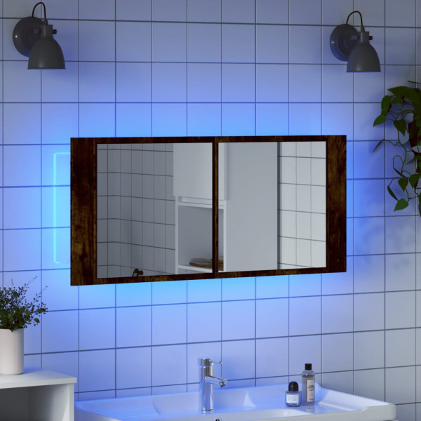 Armario de baño con espejo y luz LED roble ahumado 100x12x45 cm M 4