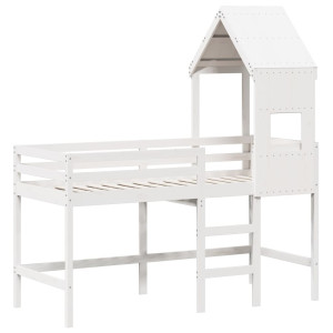 Cama alta c/ escada e telhado 90x190 cm pinho maciço branco H