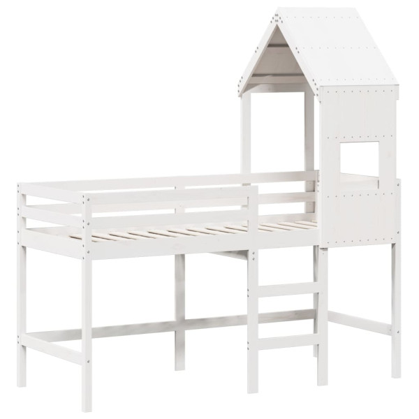 Cama alta c/ escada e telhado 90x190 cm pinho maciço branco M 2