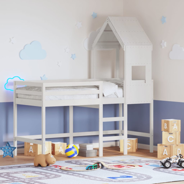 Cama alta c/ escada e telhado 90x190 cm pinho maciço branco M 3