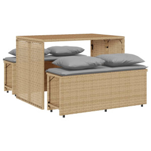 3 pcs conjunto de jantar p/ jardim com almofadões vime PE bege H