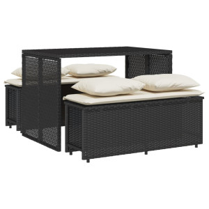 3 pcs conjunto de jantar p/ jardim c/ almofadões vime PE preto H
