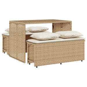 3 pcs conjunto de jantar p/ jardim com almofadões vime PE bege H