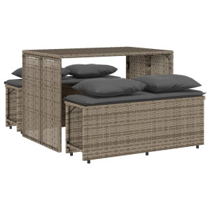3 pcs conjunto de jantar p/ jardim c/ almofadões vime PE cinza H