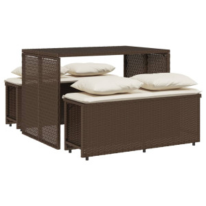 3 pcs conjunto jantar p/ jardim c/ almofadões vime PE castanho H