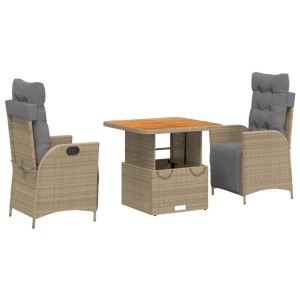 3 pcs conjunto de jantar p/ jardim com almofadões vime PE bege H