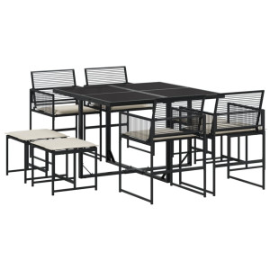 9 pcs conjunto de jantar p/ jardim c/ almofadões vime PE preto H