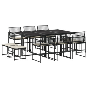 11 pcs conjunto de jantar p/ jardim c/ almofadões vime PE preto H