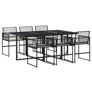 7 pcs conjunto de jantar p/ jardim c/ almofadões vime PE preto H