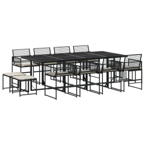 Set comedor de jardín con cojines 13 pzas ratán sintético negro H