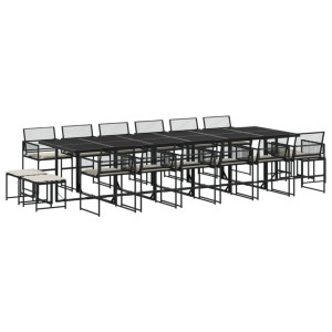 17 pcs conjunto de jantar p/ jardim c/ almofadões vime PE preto H