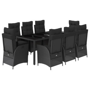 9 pcs conjunto de jantar p/ jardim c/ almofadões vime PE preto H