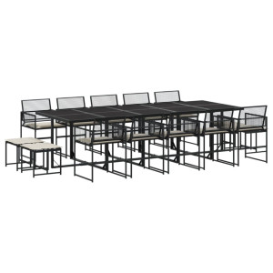 Set comedor de jardín con cojines 15 pzas ratán sintético negro H