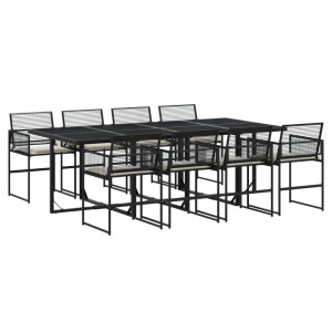 9 pcs conjunto de jantar p/ jardim c/ almofadões vime PE preto H