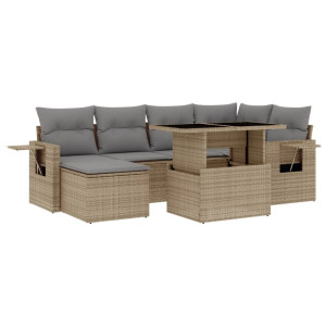 Set sofás de jardín 7 piezas y cojines ratán sintético beige H