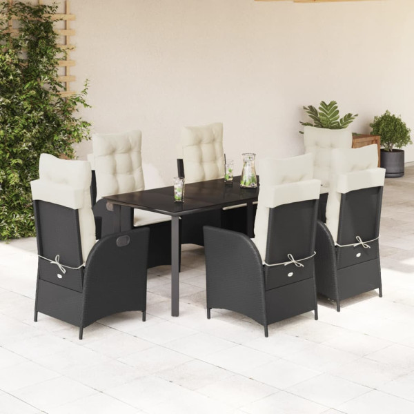 Set de comedor de jardín 7 pzas y cojines ratán sintético negro D