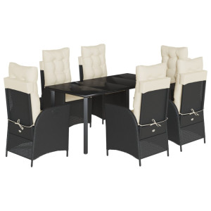 7 pcs conjunto de jantar p/ jardim c/ almofadões vime PE preto H