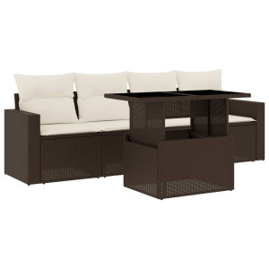 5 pcs conjunto sofás p/ jardim c/ almofadões vime PE castanho H