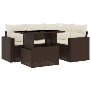 5 pcs conjunto sofás p/ jardim c/ almofadões vime PE castanho H