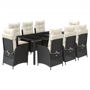 9 pcs conjunto de jantar p/ jardim c/ almofadões vime PE preto H