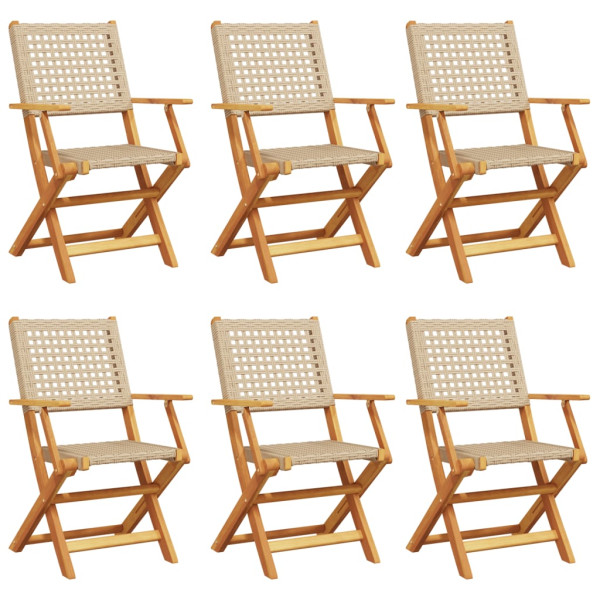 Cadeiras de jardim dobráveis 6 pcs vime PE/madeira maciça bege M 2