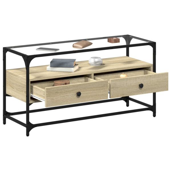 Mueble TV cristal y madera ingeniería roble Sonoma 98x35x51 cm M 3