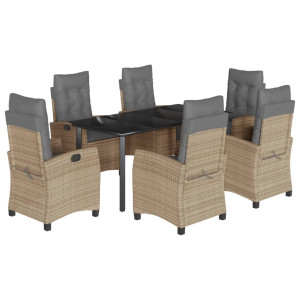 7 pcs conj. jantar jardim c/ almofadões vime PE bege misturado H