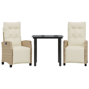 3 pcs conjunto de jantar p/ jardim com almofadões vime PE bege H